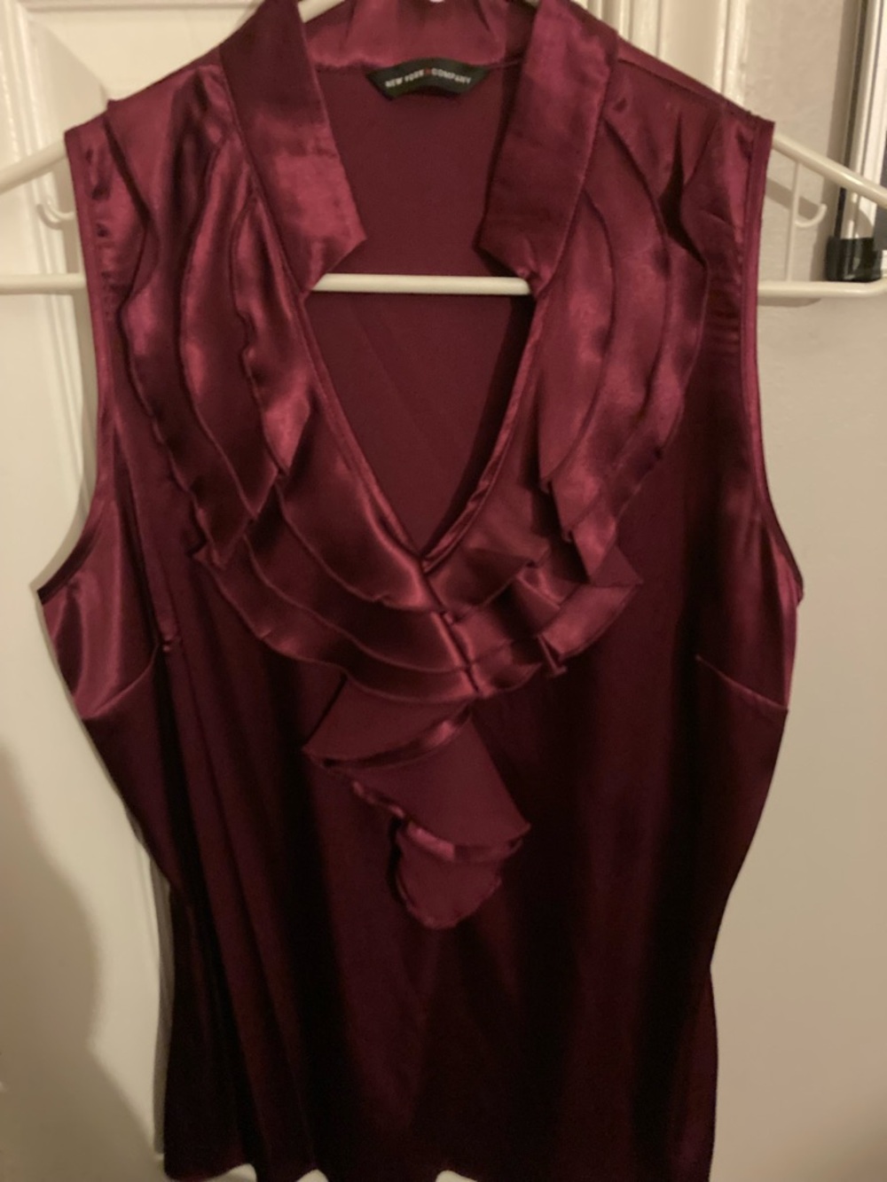 New York & Company Satin Ruffle V-Neck Top - Wine